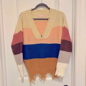 Pink Lily Multicolor Frayed Hem Sweater